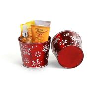 5  tin pot translucent red w embossed white snowflakes