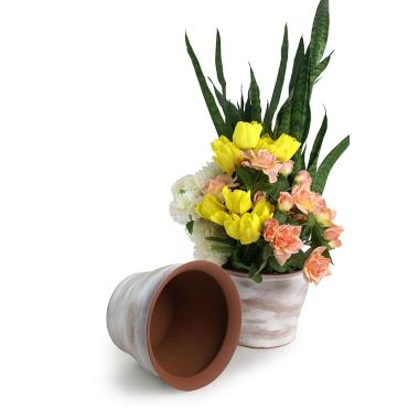 solid spun iron bell shaped terra cotta brushed white finish planter