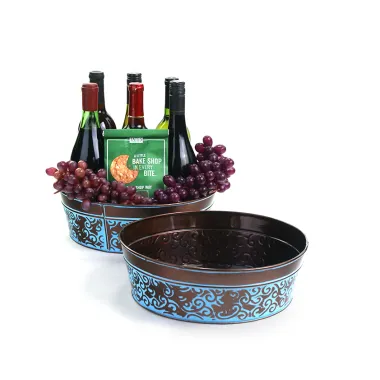 12" Metal Round Tub Dk Brown w/ Blue Swirl